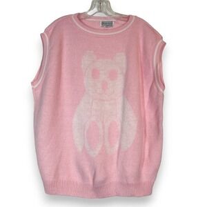 Vintage Sweater Vest Teddy Bear Pink White Knit Oversized